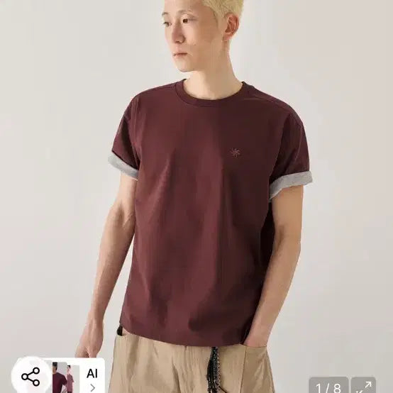 [BUNJANG] KIMUER Color-Block Roll-Up T-Shirt Burgundy / 키뮤어 배색 롤업 티셔츠 버건디