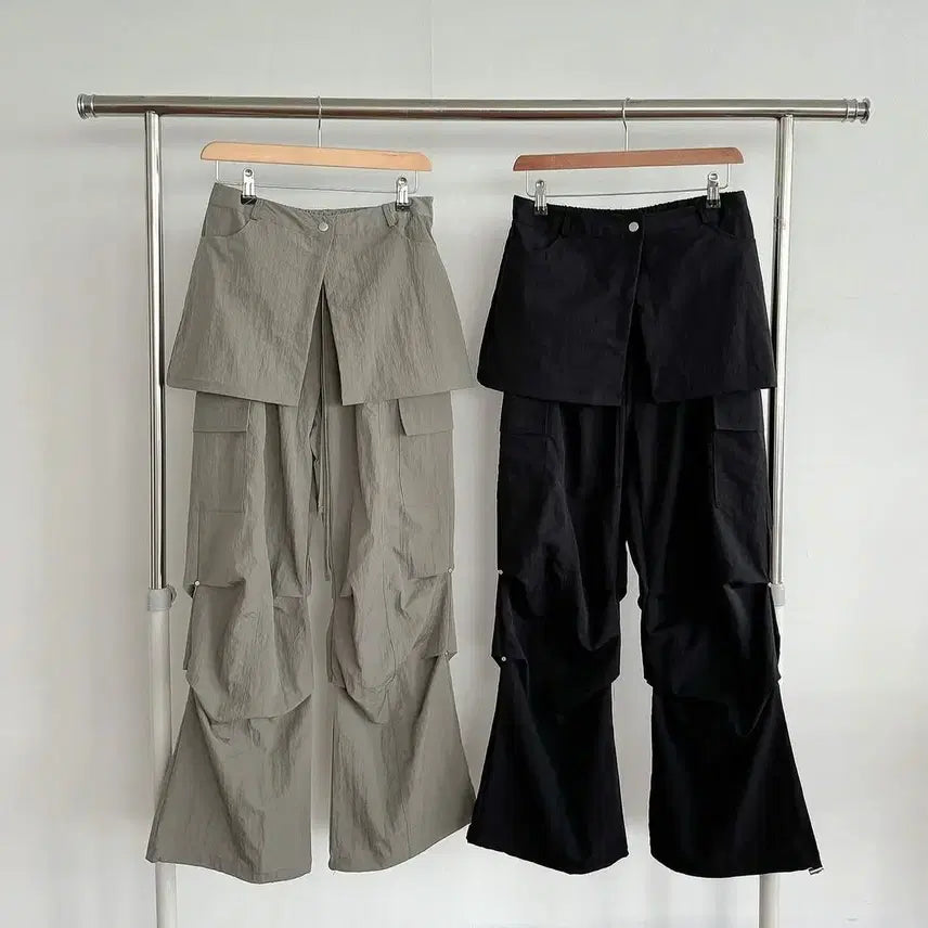 [BUNJANG] Main Nylon Two-Way Jogger Wide Pants with Detachable Skirt / main 나일론 밴딩 치마바지 투웨이 조거 와이드팬츠 블랙 카키