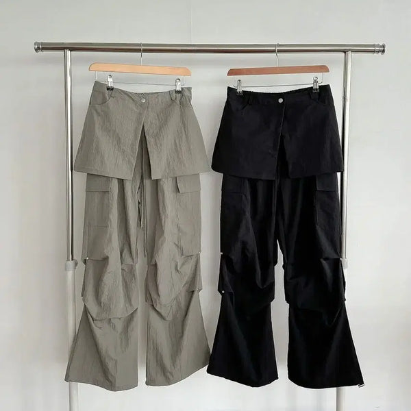 [BUNJANG] Main Nylon Two-Way Jogger Wide Pants with Detachable Skirt / main 나일론 밴딩 치마바지 투웨이 조거 와이드팬츠 블랙 카키