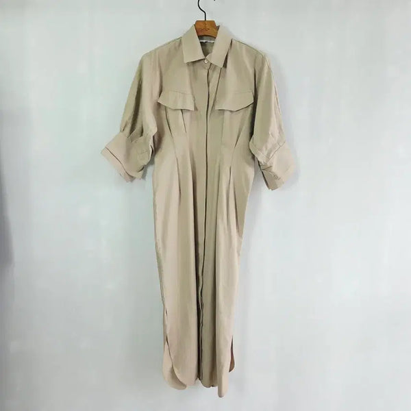 [BUNJANG] NIMPH Beige Shirt Long Dress with Collar and Short Sleeves / 님프 베이지 셔츠 롱원피스 카라원피스 반팔원피스 허리라인