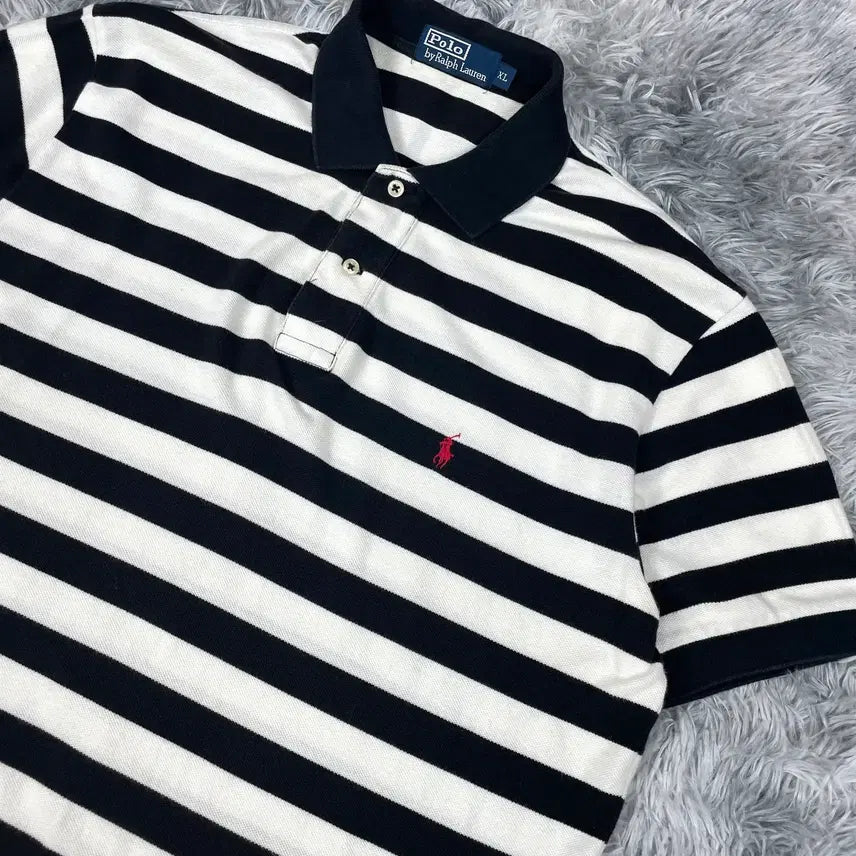 [BUNJANG] Polo Ralph Lauren Red Pony Stripe PK Collar Short Sleeve T-Shirt Black / 폴로 랄프로렌 레드포니 스트라이프 PK 카라 반팔 티셔츠 블랙 5397