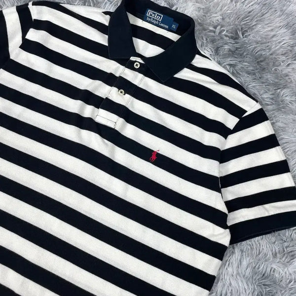 [BUNJANG] Polo Ralph Lauren Red Pony Stripe PK Collar Short Sleeve T-Shirt Black / 폴로 랄프로렌 레드포니 스트라이프 PK 카라 반팔 티셔츠 블랙 5397