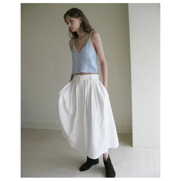 [BUNJANG] Smooth Mood Cotton Pintuck Flare Long Skirt Ivory S / 스무드무드 코튼 핀턱 플레어 아이보리 롱 스커트 S