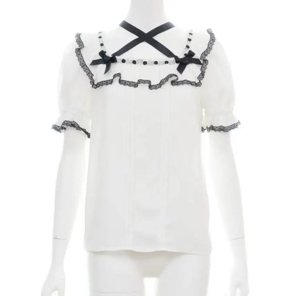[BUNJANG] Secret Honey Ribbon Frill Blouse White Black / 지뢰계 양산형 시크릿 허니 리본 프릴 블라우스 화이트 블랙 스나계