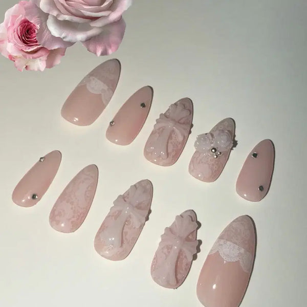 [BUNJANG] Balletcore Baby Pink Lace Ribbon Handmade Nail Tips / 발레코어 핑크 리본 베이비핑크 레이스 리본 네일팁 수제네일팁