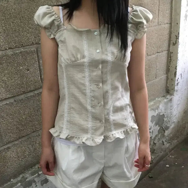 [BUNJANG] Ourfr Lace Shirring Blouse Light Beige / 아워프 레이스 셔링 블라우스 연베이지