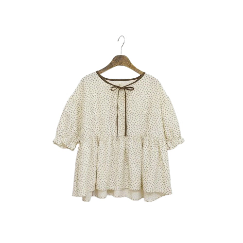 [BUNJANG] Mode Farbe Colorblock Cotton Ribbon Flare Blouse / 어피어 배색 플라워 코튼 리본 플레어 풍성 블라우스