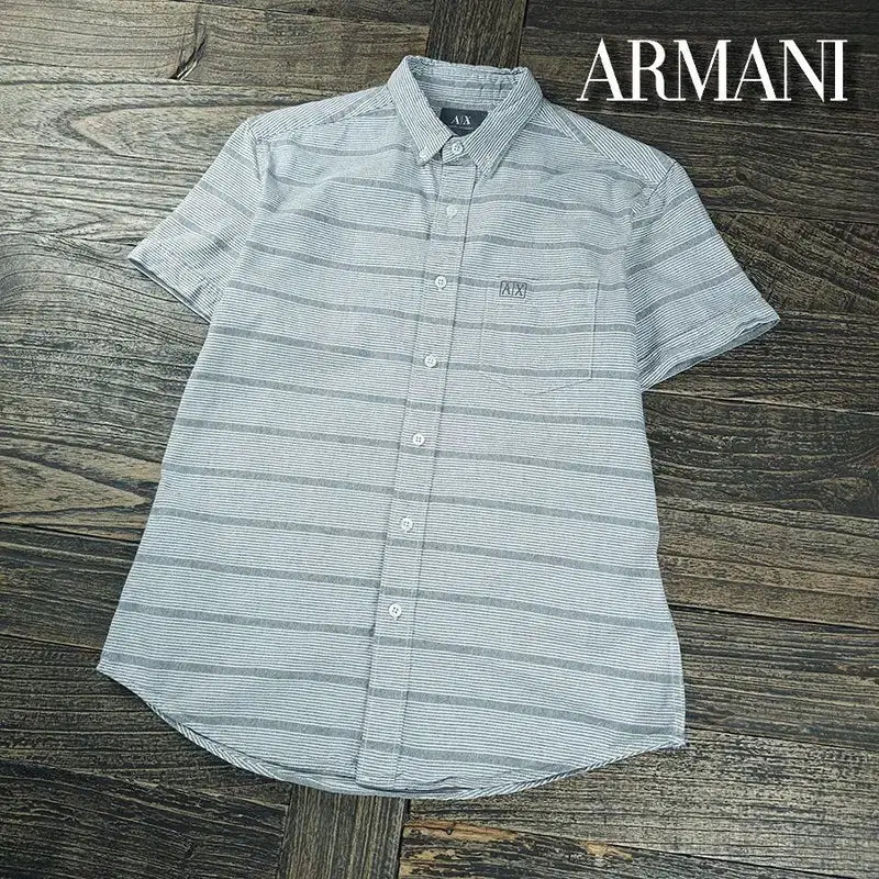 [BUNJANG] Giorgio Armani Vintage Striped Short Sleeve Shirt Grey / 아르마니 로고 자수 빈티지 스트라이프 반팔 셔츠 그레이 P01953
