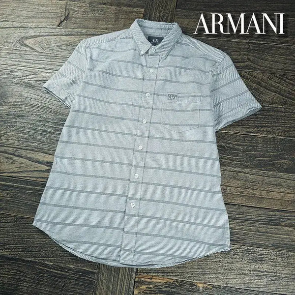 [BUNJANG] Giorgio Armani Vintage Striped Short Sleeve Shirt Grey / 아르마니 로고 자수 빈티지 스트라이프 반팔 셔츠 그레이 P01953