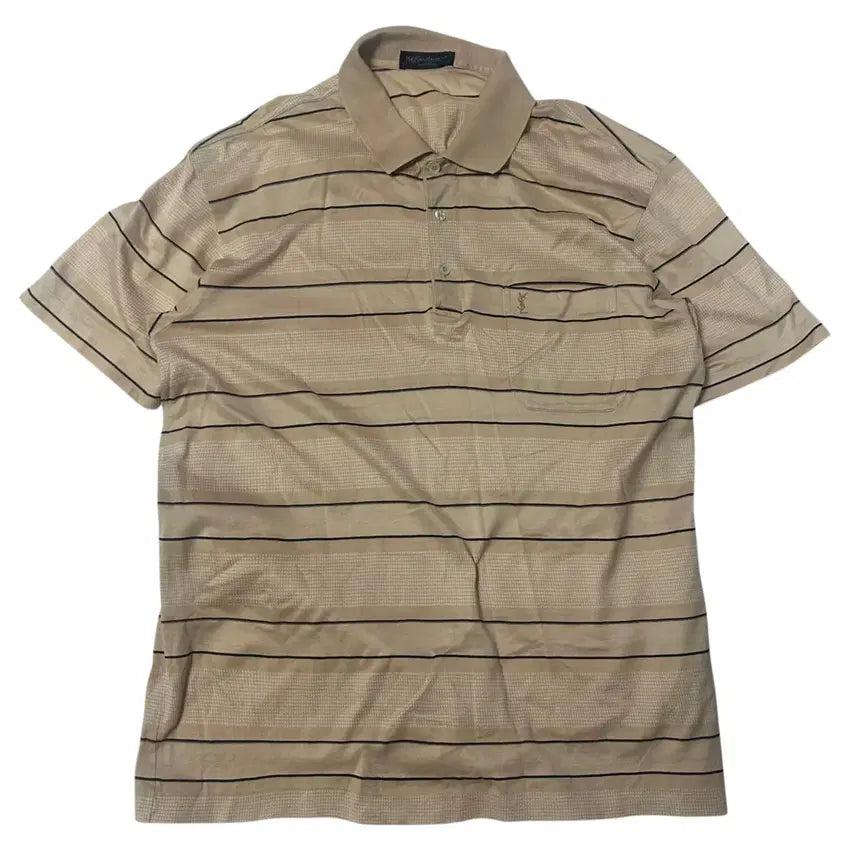 [BUNJANG] Saint Laurent Pour Homme Striped Short-Sleeve Polo Shirt Beige Size 105 / 입생로랑 뿌르옴므 스트라이프 베이지반팔카라티 105