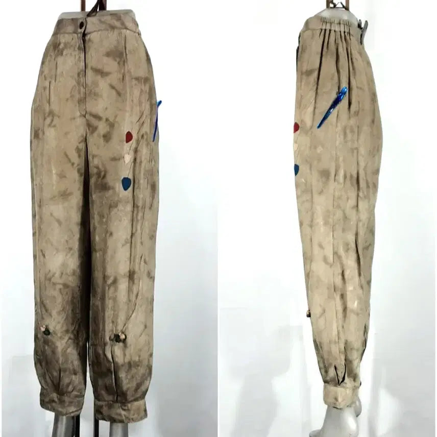 [BUNJANG] Natural Dye Linen Trousers with Leaf Quilt Detail / 인견계량바지   /쪽염 /나뭇잎퀼트장식/28~34인치/기장95