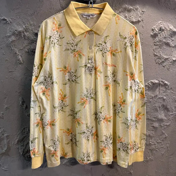 [BUNJANG] Christian Dior Yellow Floral T-Shirt / 100 크리스찬디올 DIOR 플로럴 카라 티셔츠 옐로우
