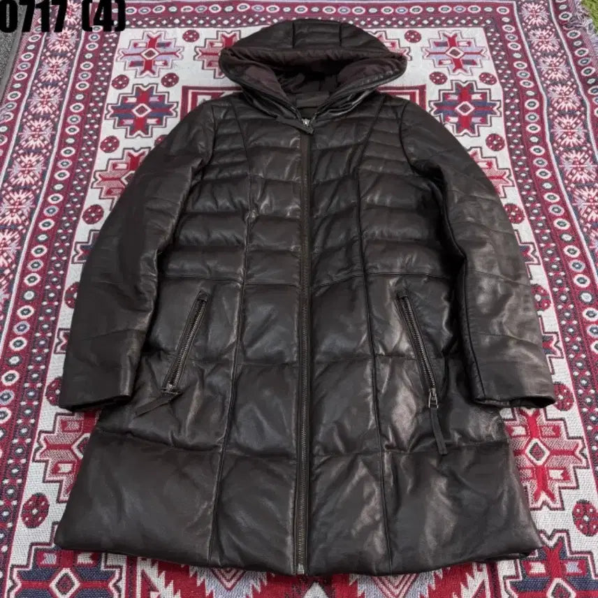[BUNJANG] Genuine Leather Hooded Long Coat Black / 양가죽 패딩 후드 롱 코트 검정 0717