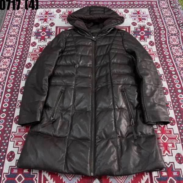[BUNJANG] Genuine Leather Hooded Long Coat Black / 양가죽 패딩 후드 롱 코트 검정 0717