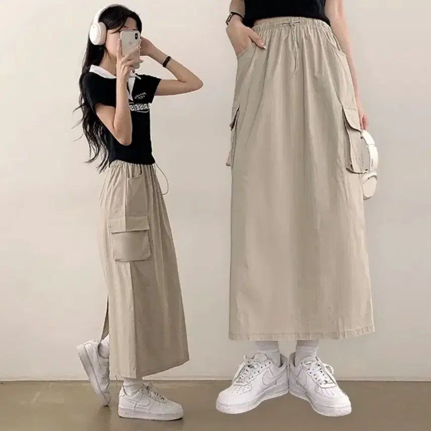 [BUNJANG] Cargo Long Skirt Beige / 카고 롱 스커트 베이지