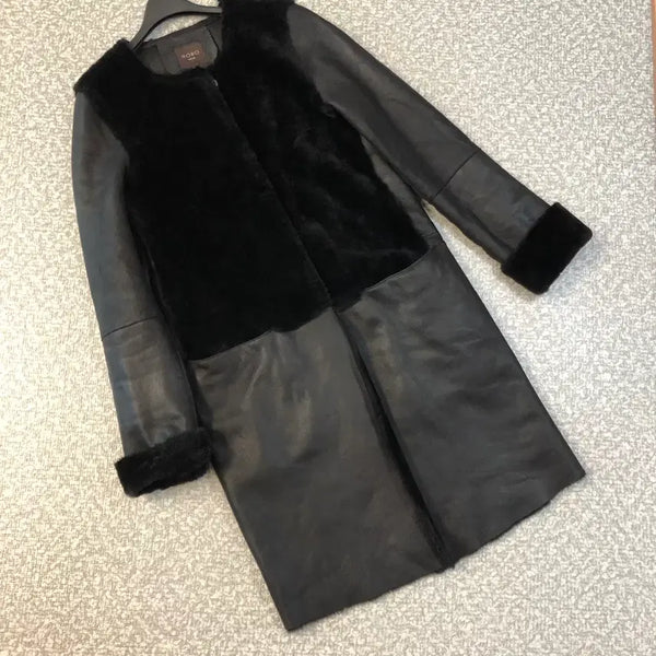 [BUNJANG] Robe Real Genuine Leather & Wool Shearling Biker Jacket (Black, Size 44-55) / 로보 리얼 양가죽&양모 무스탕 노카라 라운드 블랙 검정 천연 44-55