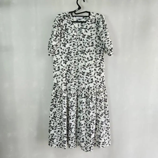 [BUNJANG] TWEE White Black Pattern Short Sleeve Puff Sleeve Dress One Size / 1402 TWEE 화이트 블랙  패턴 원피스 반팔 퍼프소매 프리사이즈