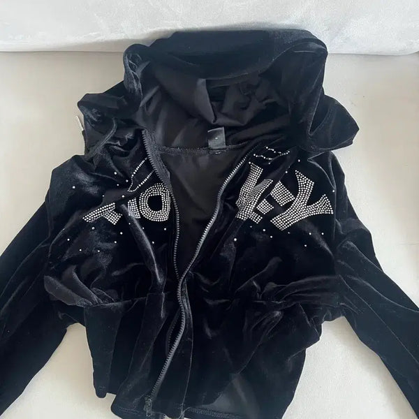 [BUNJANG] Women's Black Velvet Tracksuit Set / 여성 블랙 벨벳 트레이닝복 세트