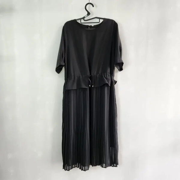 [BUNJANG] Round Neck Short Sleeve Black Pleated Maxi Dress (Size 77) / 1410 라운드 반팔 블랙 플리츠 원피스  77사이즈