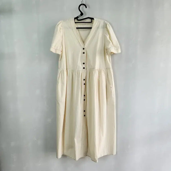 [BUNJANG] OVIR V-Neck Puff Sleeve Button Long Dress / 1403 OVIR 브이넥 퍼프소매 반팔 버튼 롱원피스 스티치 프리사이즈