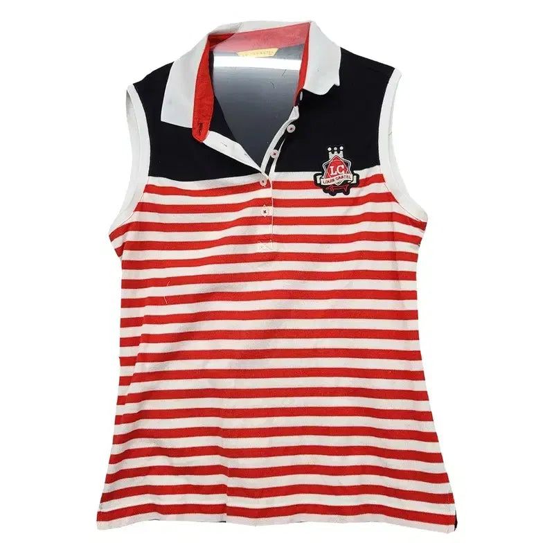 [BUNJANG] Louis Castel Striped Sleeveless Red Collar Top 100 / 루이까스텔 스트라이프 레드 카라 민소매 나시 100