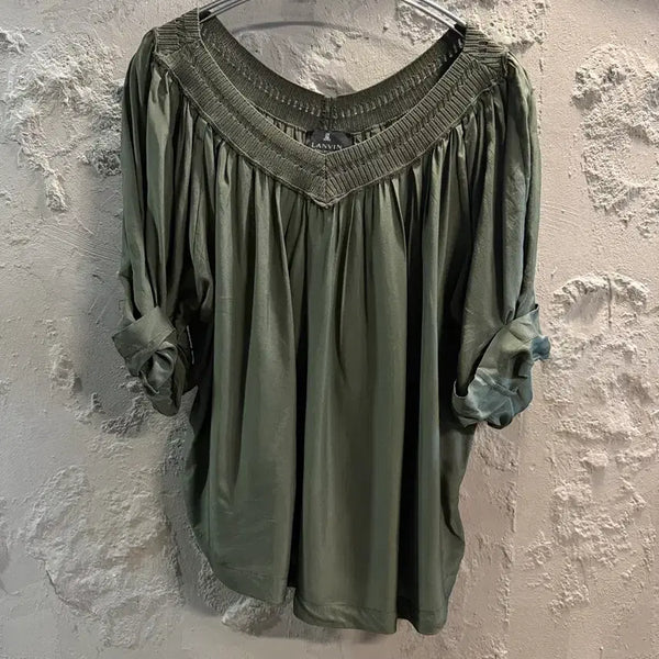 [BUNJANG] LANVIN Collection Shirring V-Neck Blouse Khaki / 82 랑방컬렉션 LANVIN 셔링 브이넥 블라우스 카키