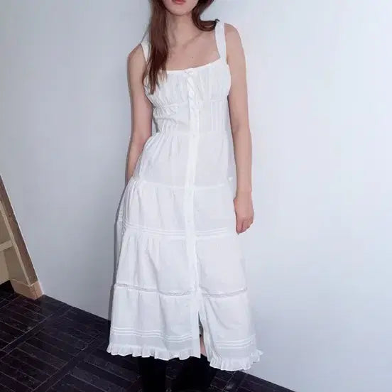 [BUNJANG] Shirring Long Dress White / 새상품 셔링 롱 원피스 화이트