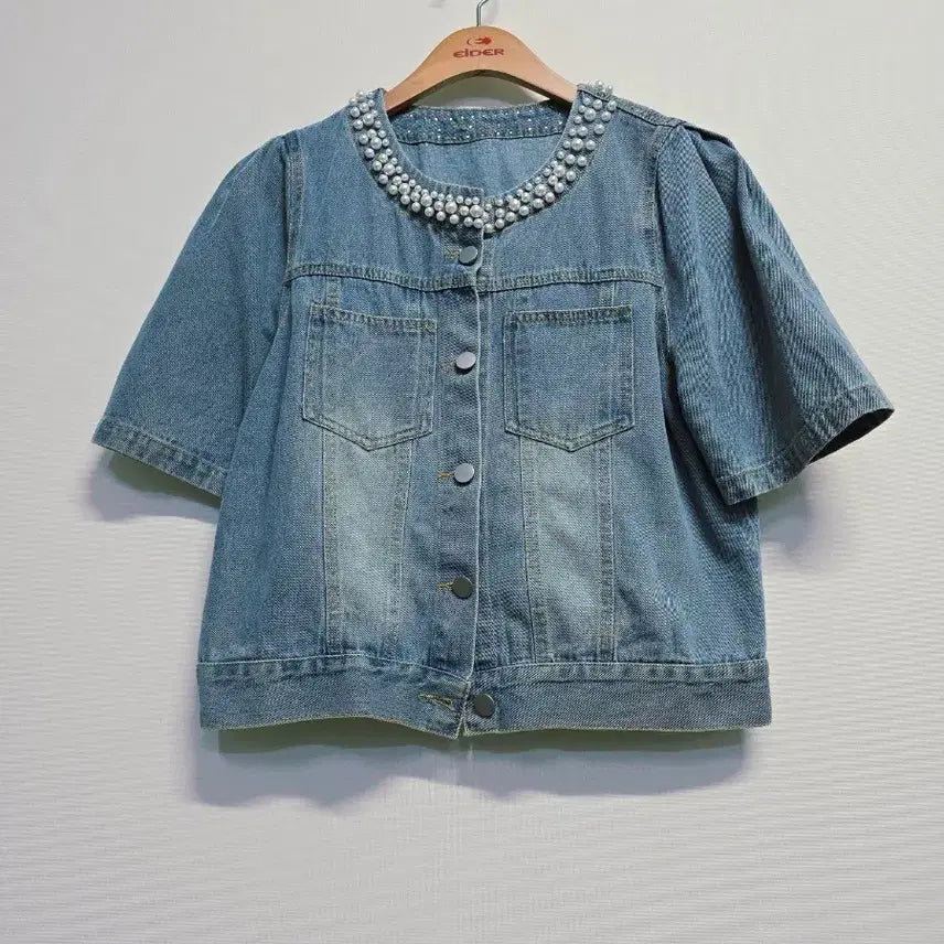 [BUNJANG] Satin Pearl Embellished Short Sleeve Denim Jacket / SATIN 청 데님 진주 장식 반팔 자켓