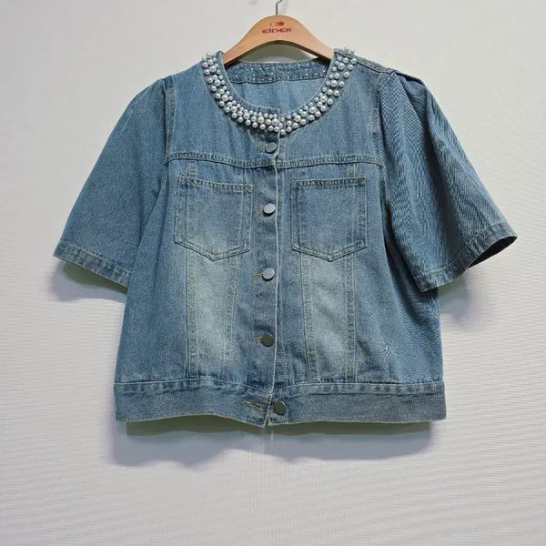 [BUNJANG] Satin Pearl Embellished Short Sleeve Denim Jacket / SATIN 청 데님 진주 장식 반팔 자켓