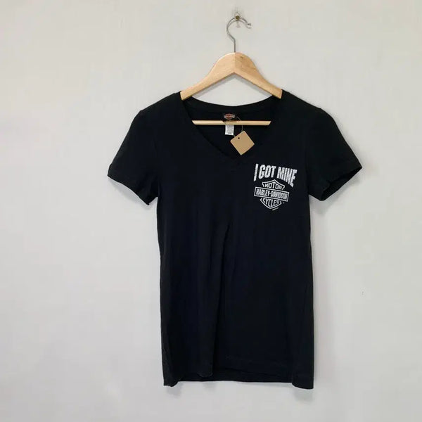 [BUNJANG] Harley-Davidson Y2K Vintage Slim V-Neck Short Sleeve T-Shirt Black Women's S / 할리데이비슨 y2k 빈티지 슬림 브이넥 반팔 티셔츠 블랙 여성 S