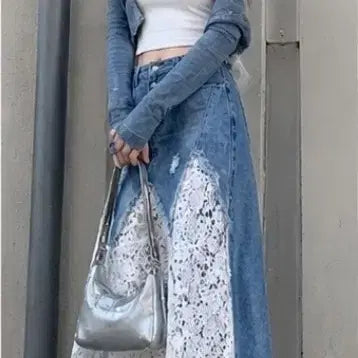 [BUNJANG] Unique Denim Lace Patchwork Mermaid Long Skirt / 유니크 데님 레이스 패치워크 머메이드 롱스커트 (페미닌/빈티지)