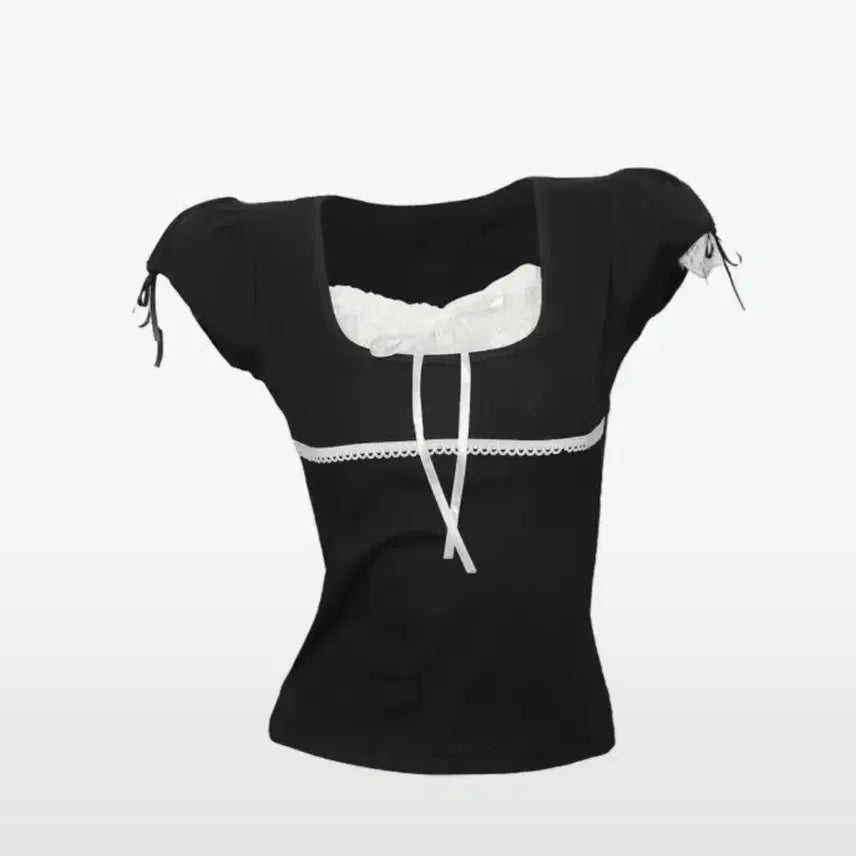[BUNJANG] Black Lace Ribbon Square Neck Short Sleeve T-Shirt / [2.0->수수료 포함 가격] 블랙 레이스 리본 스퀘어넥 반팔 티셔츠