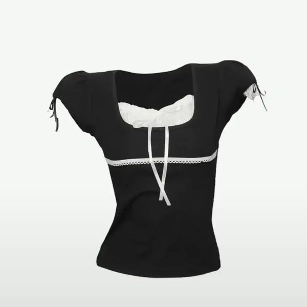 [BUNJANG] Black Lace Ribbon Square Neck Short Sleeve T-Shirt / [2.0->수수료 포함 가격] 블랙 레이스 리본 스퀘어넥 반팔 티셔츠