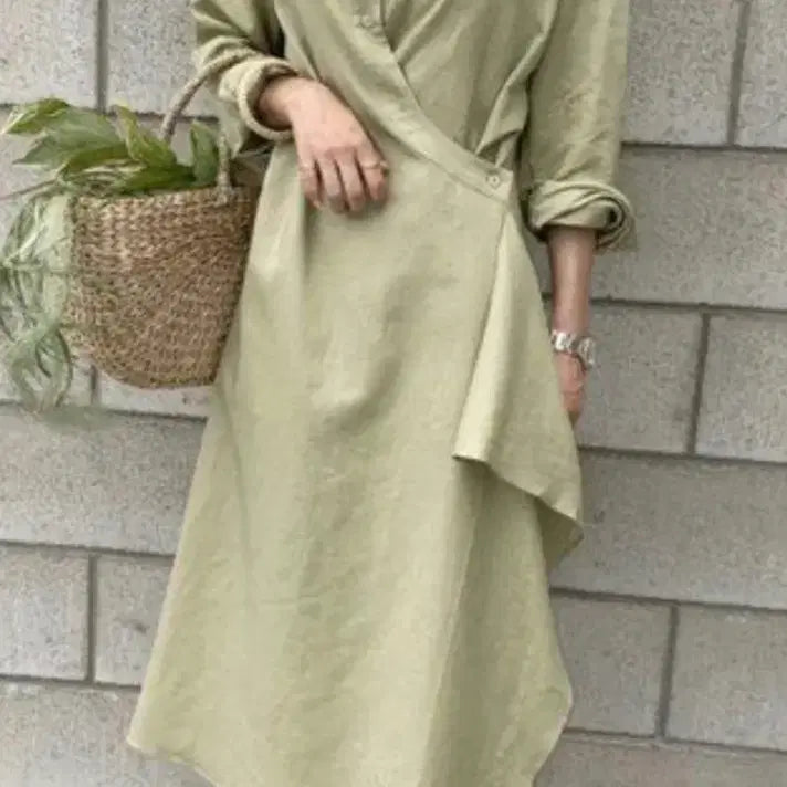 [BUNJANG] Nanningu Linen Wrap Dress Khaki / 난닝구 린넨 셔츠 원피스