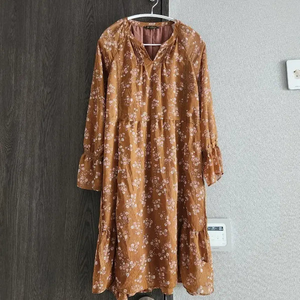[BUNJANG] Thursday Island Brown Floral Chiffon Maxi Dress M / 써스데이아일랜드 브라운 쉬폰  원피스 M