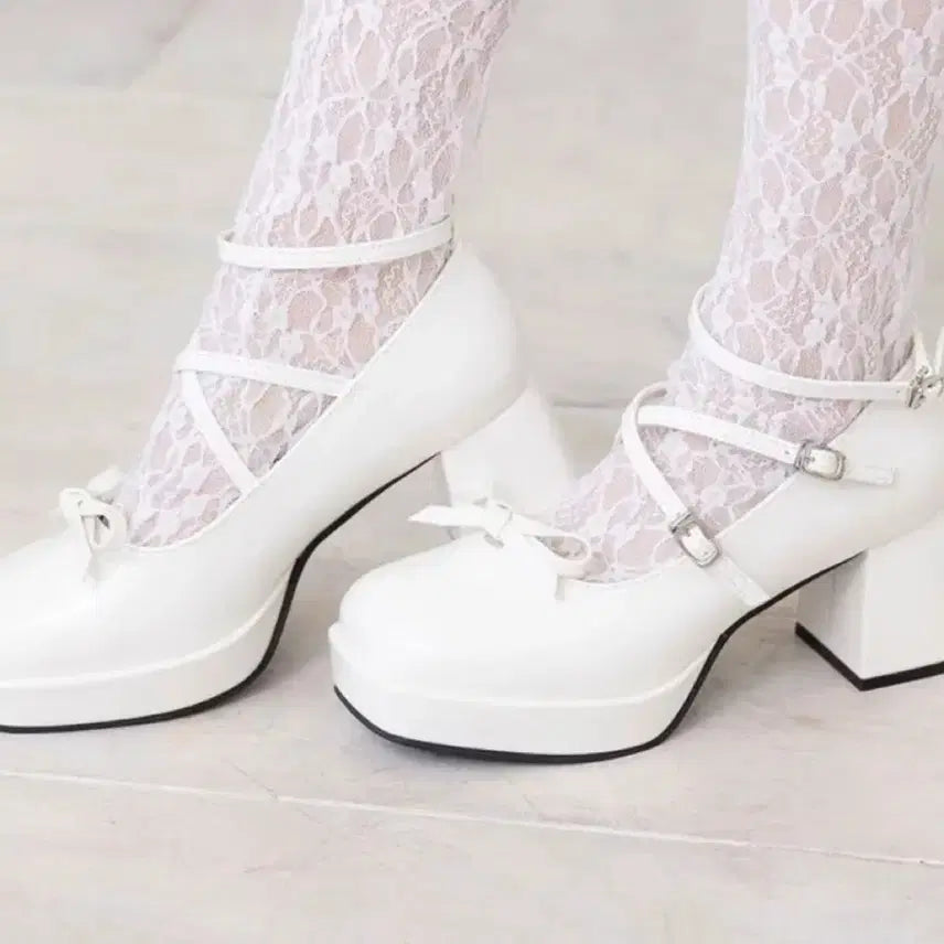 [BUNJANG] Dimarub Yumetenbo Square Toe 2-Way Strap Platform Pumps White / 디마럽 유메텐보 스퀘어토 2웨이 스트랩 펌프스 화이트 통굽 구두 지뢰계 양산형 양지뢰