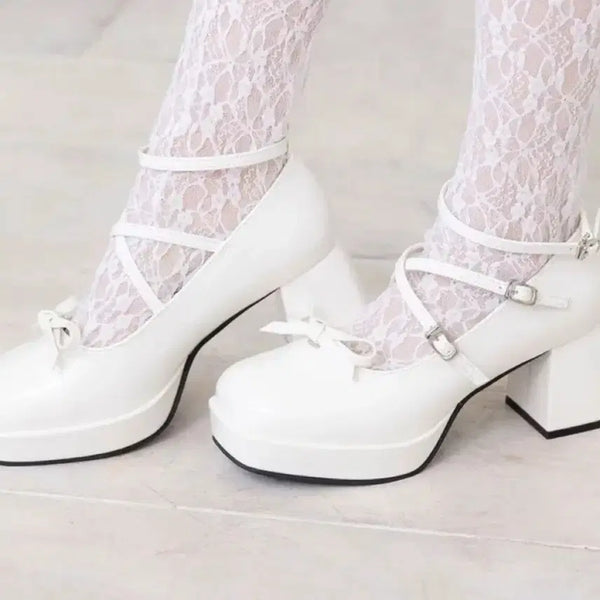 [BUNJANG] Dimarub Yumetenbo Square Toe 2-Way Strap Platform Pumps White / 디마럽 유메텐보 스퀘어토 2웨이 스트랩 펌프스 화이트 통굽 구두 지뢰계 양산형 양지뢰