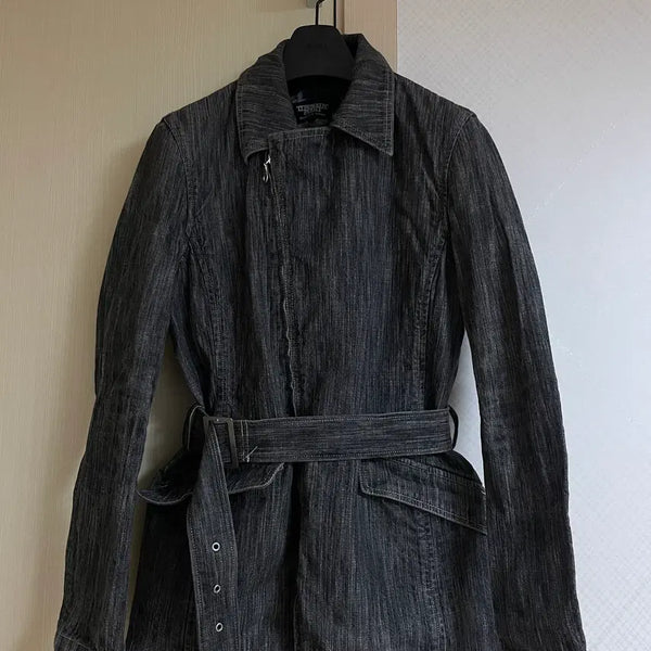 [BUNJANG] Tornado Mart Belted Diagonal Denim Long Jacket M / 토네이도 마트 벨티드 데님 사선 롱 자켓 m