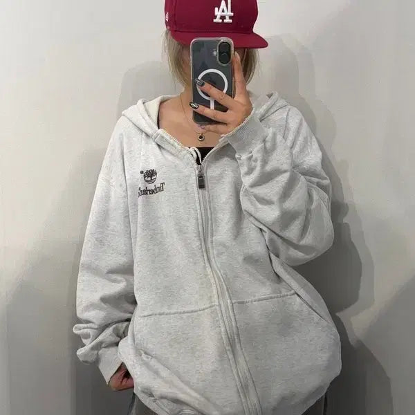 [BUNJANG] Timberland Oversized Embroidered Logo Zip-Up Hoodie Melange Grey / 팀버랜드 오버핏 자수 로고 후드집업 멜란지그레이
