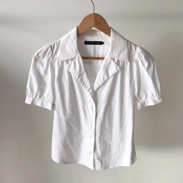 [BUNJANG] Polo Ralph Lauren White Puff Sleeve Short Sleeve Blouse Shirt / 폴로 화이트 퍼프 블라우스 반팔 셔츠