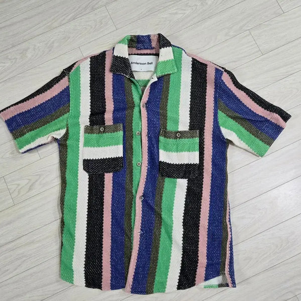 [BUNJANG] Andersson Bell Multi Color Stripe Knit Open Collar Shirt / 앤더슨벨 멀티 컬러 스트라이프 니트 오픈 칼라 셔츠