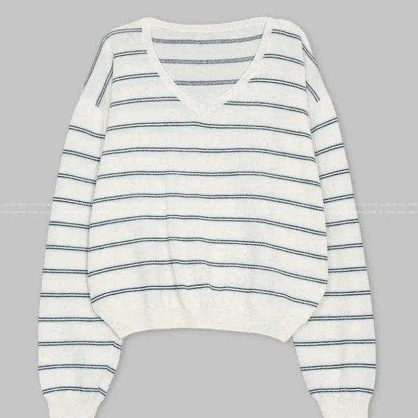 [BUNJANG] Stripe Summer V-Neck Knit / 스트라이프 썸머 브이넥 니트