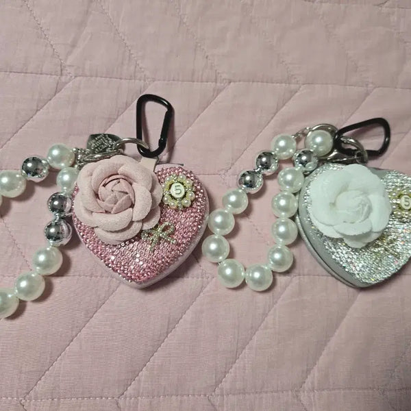 [BUNJANG] Pearl Heart Charm Keychain Pink/Silver / 진주 하트 키링 핑크/실버