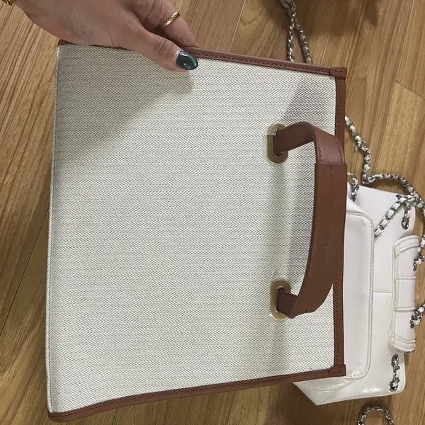 [BUNJANG] Fabric Tote Bag Brown Color Block / 패브릭 토트백 브라운 배색