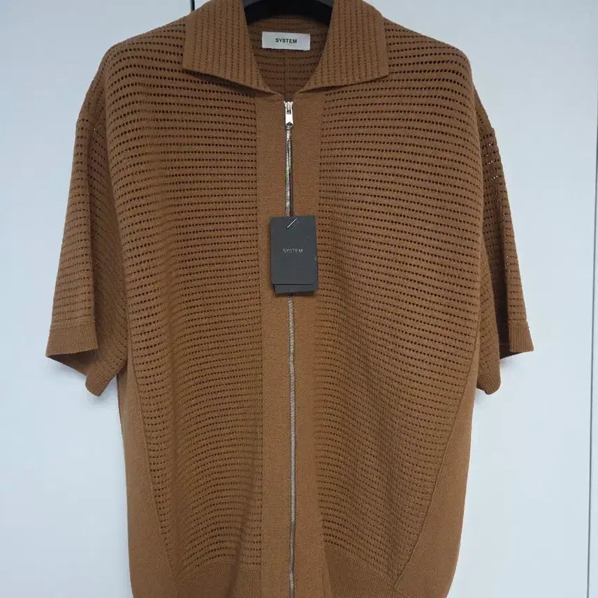[BUNJANG] System Homme Crochet Oversized Half-Sleeve Zip-Up Shirt (Brown, M) / [새상품] 시스템옴므 크로쉐 오버핏 반팔 집업셔츠 M