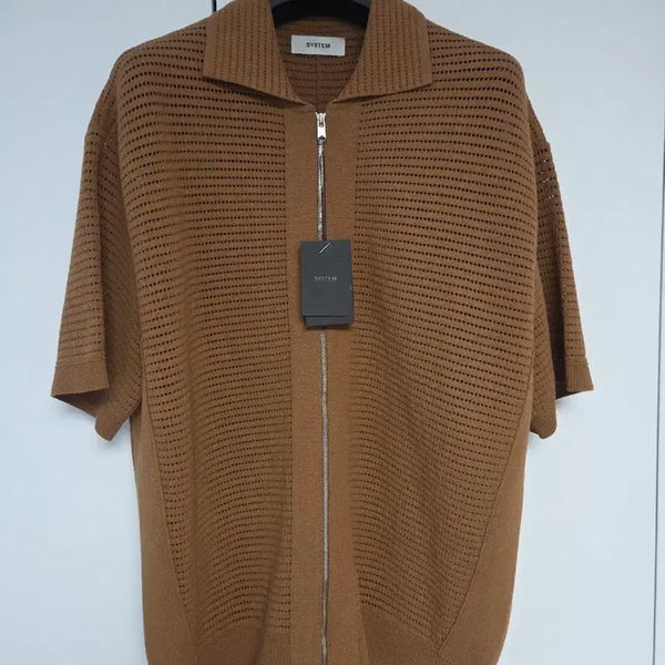 [BUNJANG] System Homme Crochet Oversized Half-Sleeve Zip-Up Shirt (Brown, M) / [새상품] 시스템옴므 크로쉐 오버핏 반팔 집업셔츠 M