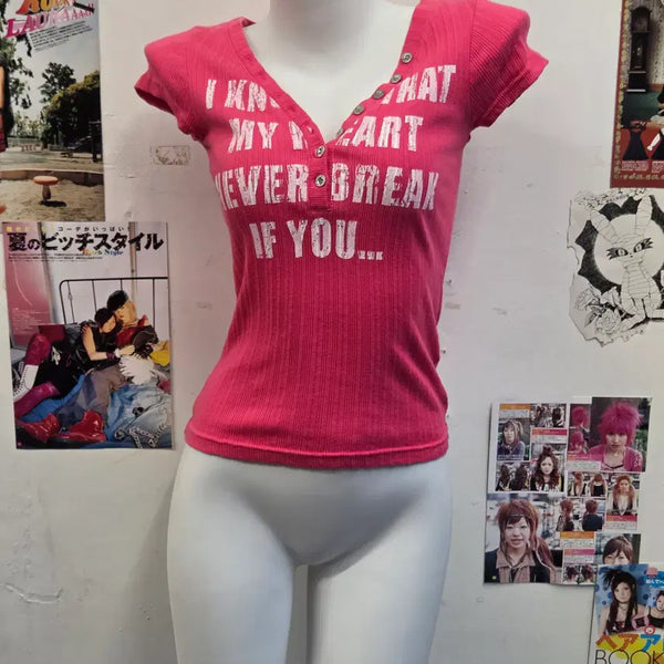 [BUNJANG] Pink Slim Fit Y2K Ribbed Short Sleeve V-Neck Top / JPN 핑크 슬림핏 Y2K 골지 반팔