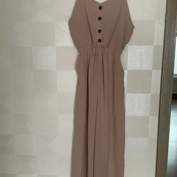 [BUNJANG] Beige Button Long Jumpsuit / 베이지 버튼 롱점프슈트