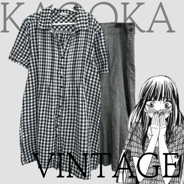 [BUNJANG] Japanese Vintage Sawako "Kimi ni Todoke" Inspired Check Dress & Midi Skirt Set / 일본빈티지 너닿 사와코 무채색 체크 원피스 미디스커트 러블리 코디세트