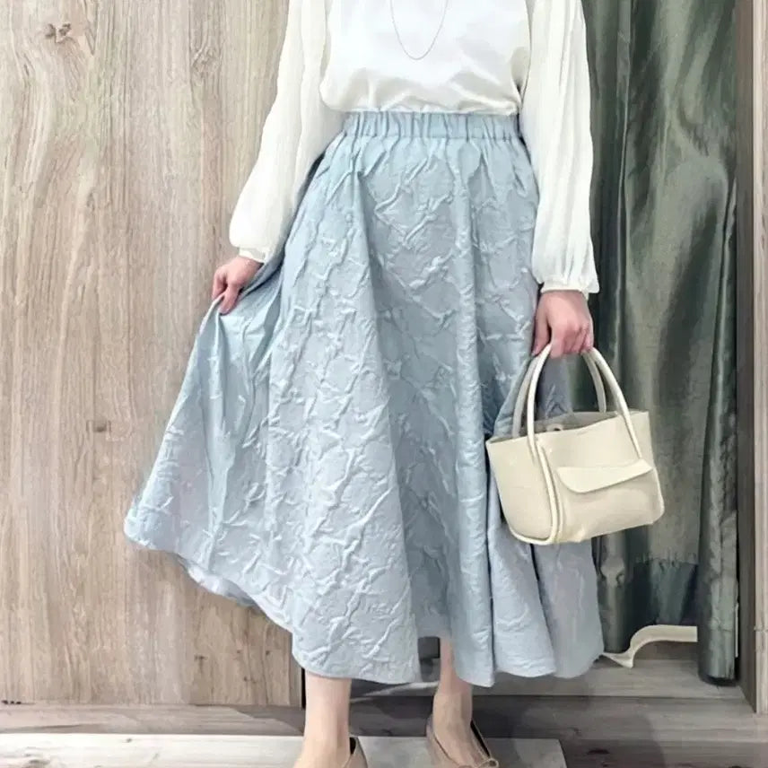 [BUNJANG] Jacquard Mint Flare Maxi Skirt / 자카드 민트 플레어 롱 스커트 / 엠보 밴딩 맥시 치마 55-77 프리사이즈